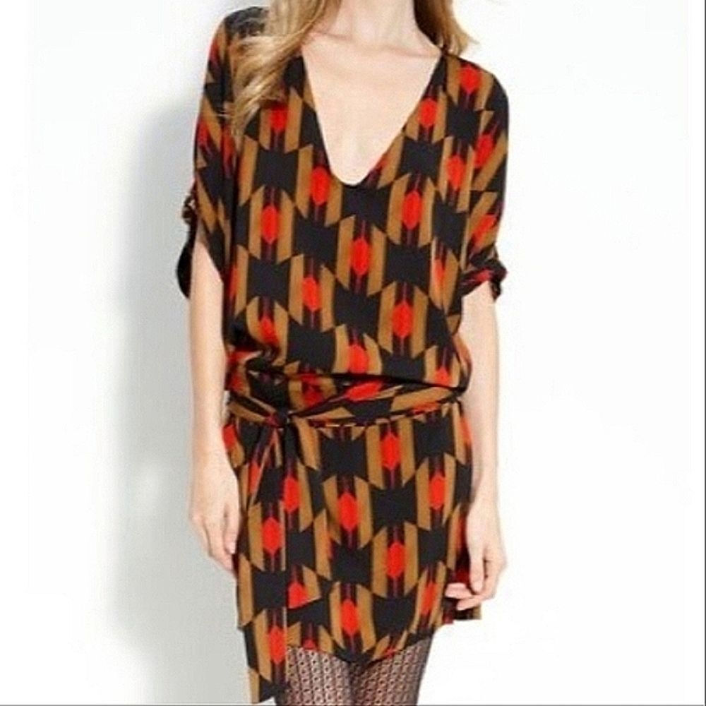 Diane Von Furstenberg Edna Blouson Silk Mini‎ Dress Size 2 Geometric Aztec Tie